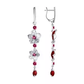 Серебряные серьги с эмалью, корундами Цветы 94023691