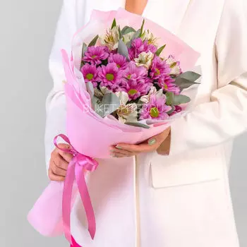 Букет Белых Альстромерий и Сиреневых Хризантем