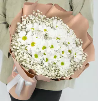 Букет Хризантем Кустовых Ромашковых с Гипсофилой