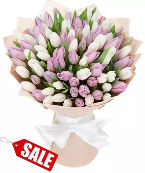 Букет из 101 Белого и Сиреневого Тюльпана в Упаковке