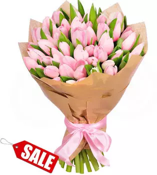 Букет из 51 Нежно-розового Тюльпана в Крафте