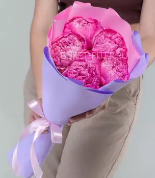 Букет из 5 Малиновых Пионов в Матовой упаковке LUX