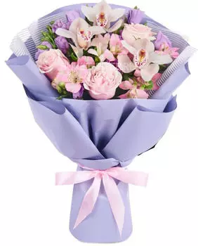 Букет из Белых Орхидей и Сиреневого Лизиантуса