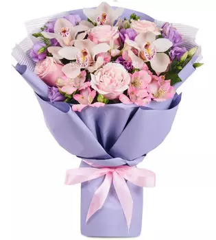 Букет из Белых Орхидей и Сиреневого Лизиантуса