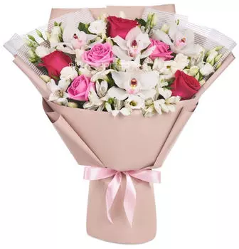 Букет из Роз и Белых Орхидей