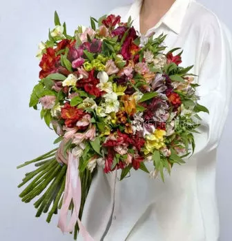 Букет Разноцветных Альстромерий в Атласной ленте