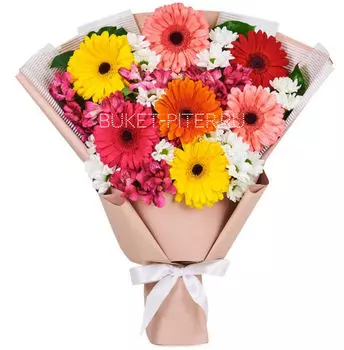 Букет с Герберами, Хризантемой и Альстромерией