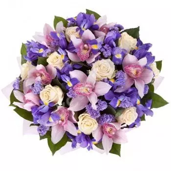 Букет с орхидеями и ирисами синими