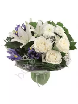 Букет с розами белыми, лилией и ирисами