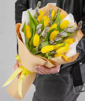 Букет Желтых Тюльпанов с Вербой
