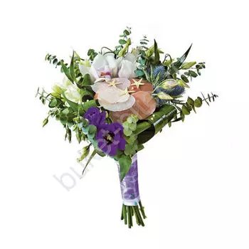 Свадебный букет из белых фрезий и орхидей