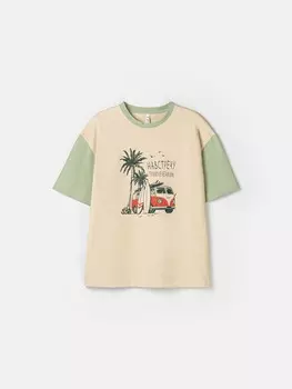 Футболка оверсайз "Крем-брюле/Шалфей" с принтом 7+
