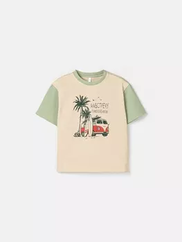 Футболка оверсайз "Крем-брюле/Шалфей" с принтом