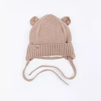Шапка хлопковая однослойная с ушками на подкладе "Беж" на завязках 0+