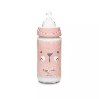 Бутылка Suavinex Hugge Baby "Розовый зайка с крапинками", с круглой силиконовой соской, стекло, 240