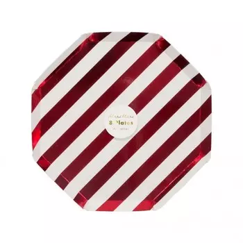 Тарелки красные Meri Meri, блестящие полоски, маленькие, 8 шт