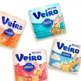 Туалетная бумага Veiro в ассортименте белая-голубая-розовая-желтая 4шт