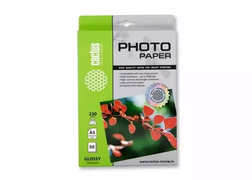 Фотобумага Cactus CS-GA523050 A5, 230г/м2, 50л, белая глянцевая для струйной печати