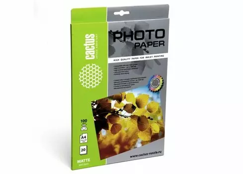 Фотобумага Cactus CS-MA410020 A4, 100г/м2, 20л, белая матовая для струйной печати