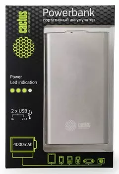 Мобильный аккумулятор Cactus CS-PBA12-4000S 4000mAh 1A+2.1A серебристый