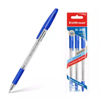 Ручка шариковая ErichKrause R-301 Classic Stick&amp;Grip, цвет чернил синий (3 шт.)