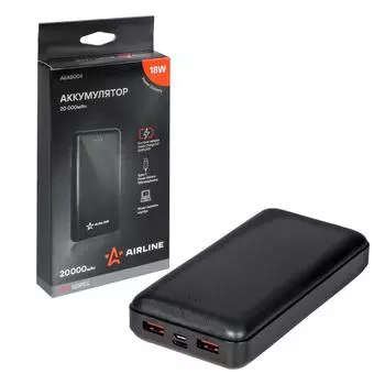 Аккумулятор внешний с быстрой зарядкой (Power bank) PRO: 20000мАч, 18W, 2xUSB 3A, Type-C AIRLINE