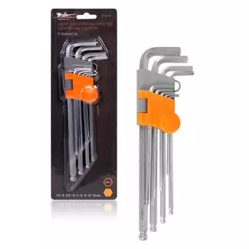 Набор шестигранных ключей удлинённых инбус с шаром 9 предметов (1.5,2,2.5,3,4,5,6,8,10мм) пласт.подвес AIRLINE