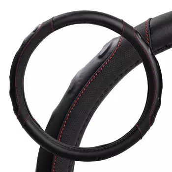Оплетка на руль, искусст. кожа, рельефная, черная, красн. прошивка, 38 см/М AIRLINE