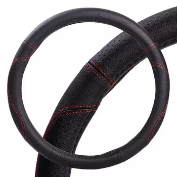 Оплетка на руль, искусст. кожа с перф., черная, красн. прошивка, 38 см/М AIRLINE