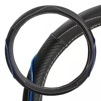 Оплетка на руль, искусст. кожа, текстура карбон, черная/синяя, бел. прошивка, 38 см/М AIRLINE