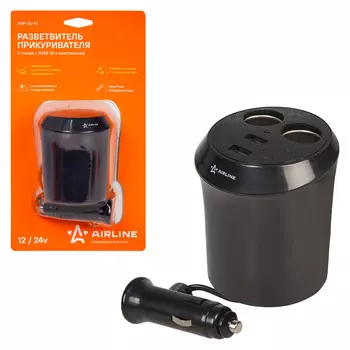Прикуриватель-разветвитель 2 гнезда + 2USB в подстаканник AIRLINE