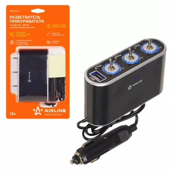 Прикуриватель-разветвитель 3 гнезда 5А + USB 1A, с выключателями нагрузки AIRLINE