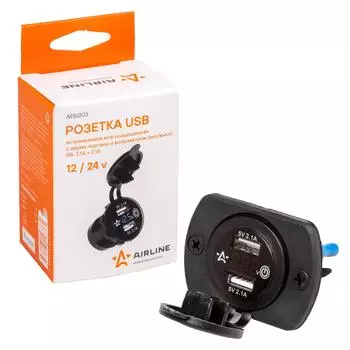 Розетка USB встраиваемая влагозащ. с 2 портами и вольтметром (вкл/выкл) (5В, 2.1А + 2.1А) AIRLINE
