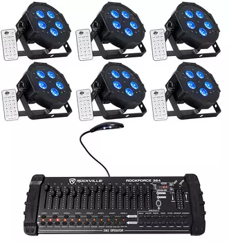 (6) American DJ ADJ MEGA HEX PAR Can RGBWA+UV Slim LED Wash Lights+Контроллер (6) MEGA HEX PAR+ROCKFORCE 384