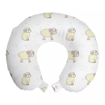 ABAKUHAUS Детская подушка для путешествий, поддержка шеи, Smile Rams and Clouds, пенопластовые дорожные принадлежности для самолета и автомобиля, 30x30 см, белый и кремовый