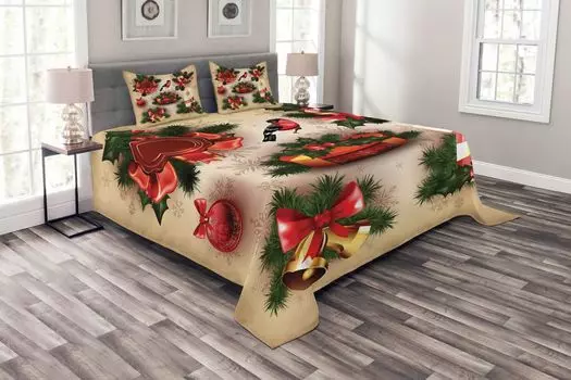 ABAKUHAUS Рождественское покрывало, винтажные орнаменты, комплект с наволочками, моющееся, для односпальных кроватей, 264 х 220 см, разноцветное