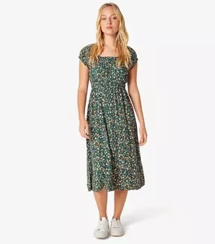 Абрикосово-зеленое платье миди с цветочным принтом Milkmaid Apricot, зеленый