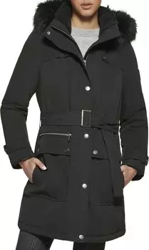 Анорак DKNY Faux Fur Hood Belted Anorak, черный