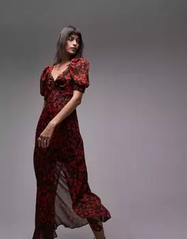 Асимметричное красное платье макси Topshop с объемными рукавами и узором