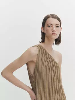 Асимметричное платье миди с плиссами Massimo Dutti, бледный хаки