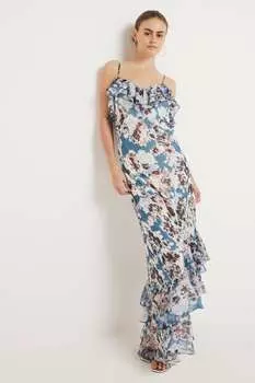 Асимметричное платье с рюшами и цветочным узором River Island, синий