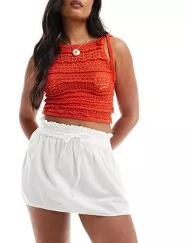 ASOS DESIGN - Мини-юбка с эффектом льна белого цвета с завязкой на талии