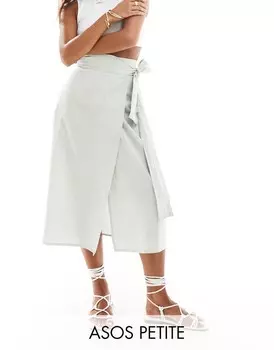 ASOS DESIGN Petite — льняная юбка миди шалфейно-зеленого цвета с запахом