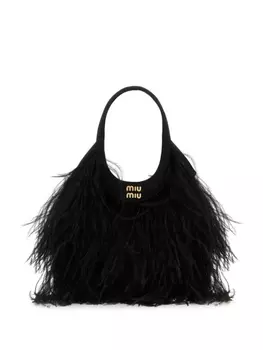 Атласная сумочка Miu Miu с перьями, черный