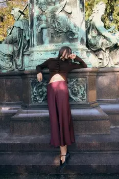 Атласная юбка миди ZARA, бордовый