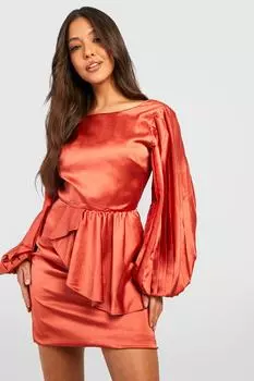 Атласное мини-платье с рукавами и рюшами Boohoo, ржавый