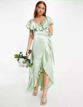 Атласное платье цвета шалфея с поясом и оборками ASOS Topshop