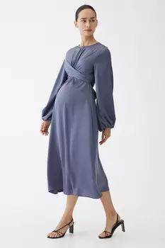 Атласное платье Mama с объемными рукавами H&M, синий