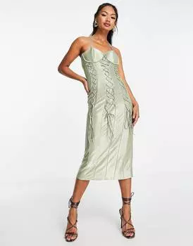 Атласное платье миди с тройной шнуровкой ASOS DESIGN