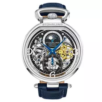 Автоматические часы Modena Dual Time со скелетоном, 46 мм, с кожаным ремешком STHRLING Original, серебро